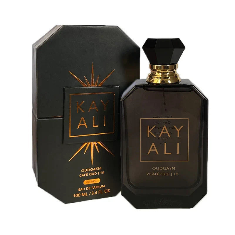 KAYALI Oudgasm Intense 2-piece perfume bottle and box, black octagonal glass with gold cap, 100 ml on Tampa Home & Garden Store