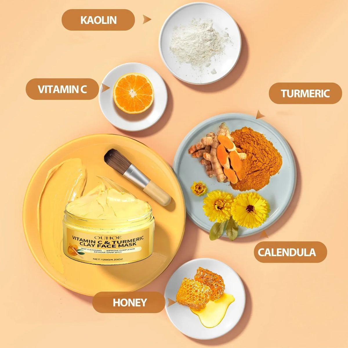 Vitamin C & Turmeric Clay Face Mask jar with honey, orange, calendula on peach background on Tampa Home & Garden Store
