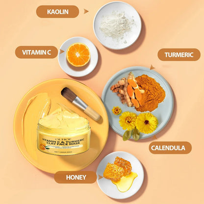 Vitamin C & Turmeric Clay Face Mask jar with honey, orange, calendula on peach background on Tampa Home & Garden Store