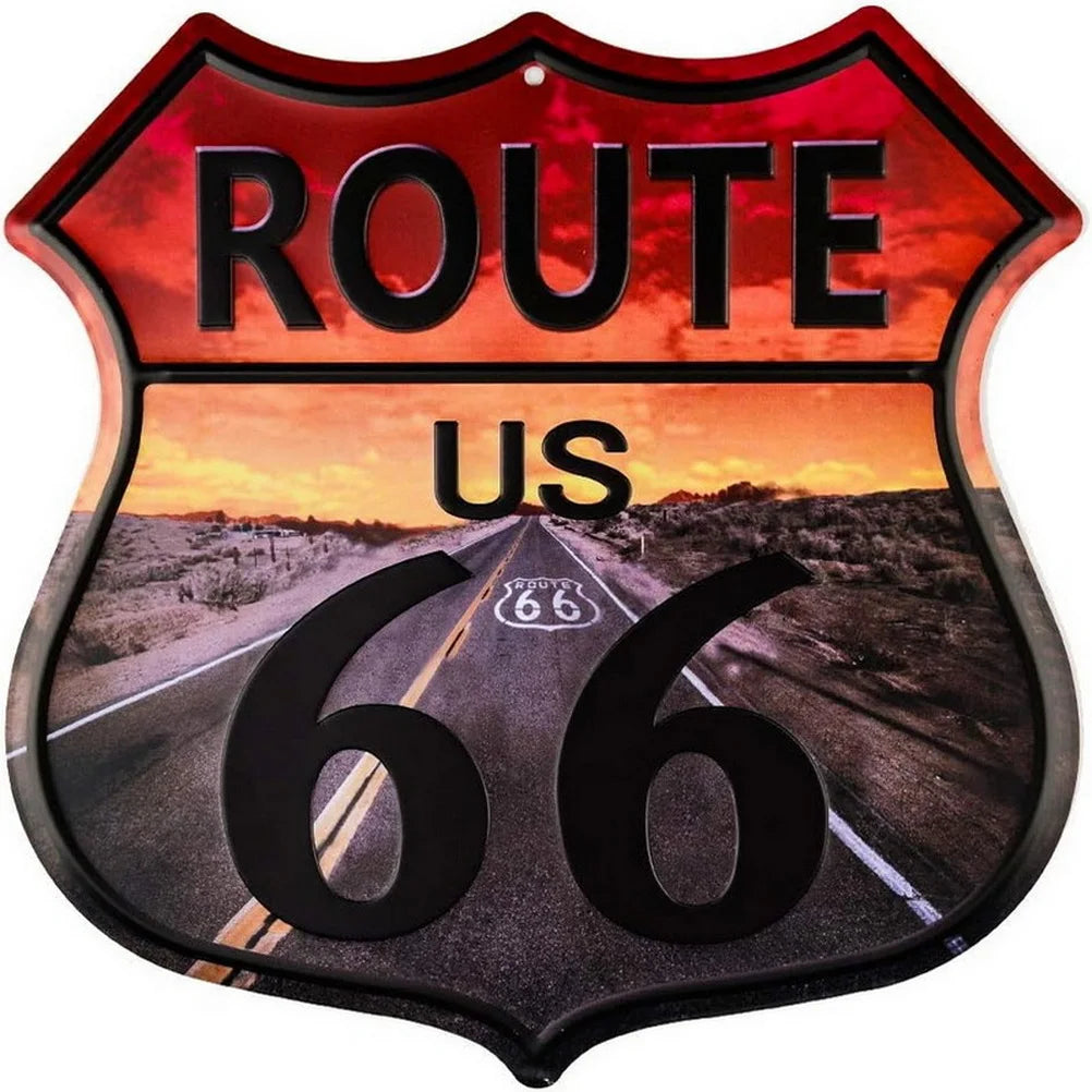 Route 66 shield metal tin sign with sunset highway scene and bold US 66 numerals by BikerZoneZ on Tampa Home & Garden Store