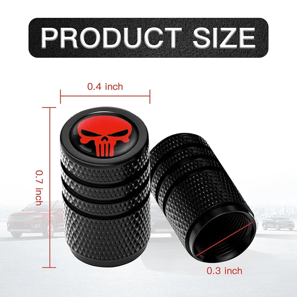 4 pcs skull valve caps by BikerZoneZ; knurled black metal with red skull emblem on Tampa Home & Garden Store