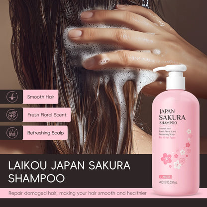 LAIKOU Japan Sakura Shampoo bottle pink with cherry blossom print, foamy wash on hair on Tampa Home & Garden Store