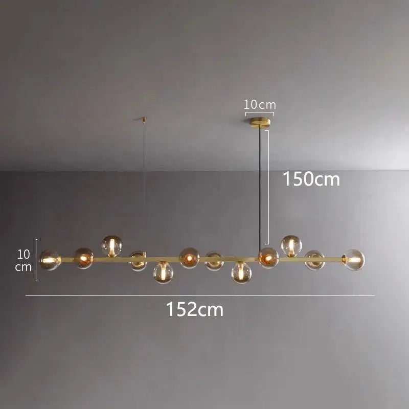 Decorbites LED pendant chandelier with gold brass bar and clear glass globes, 152 cm long on Tampa Home & Garden Store