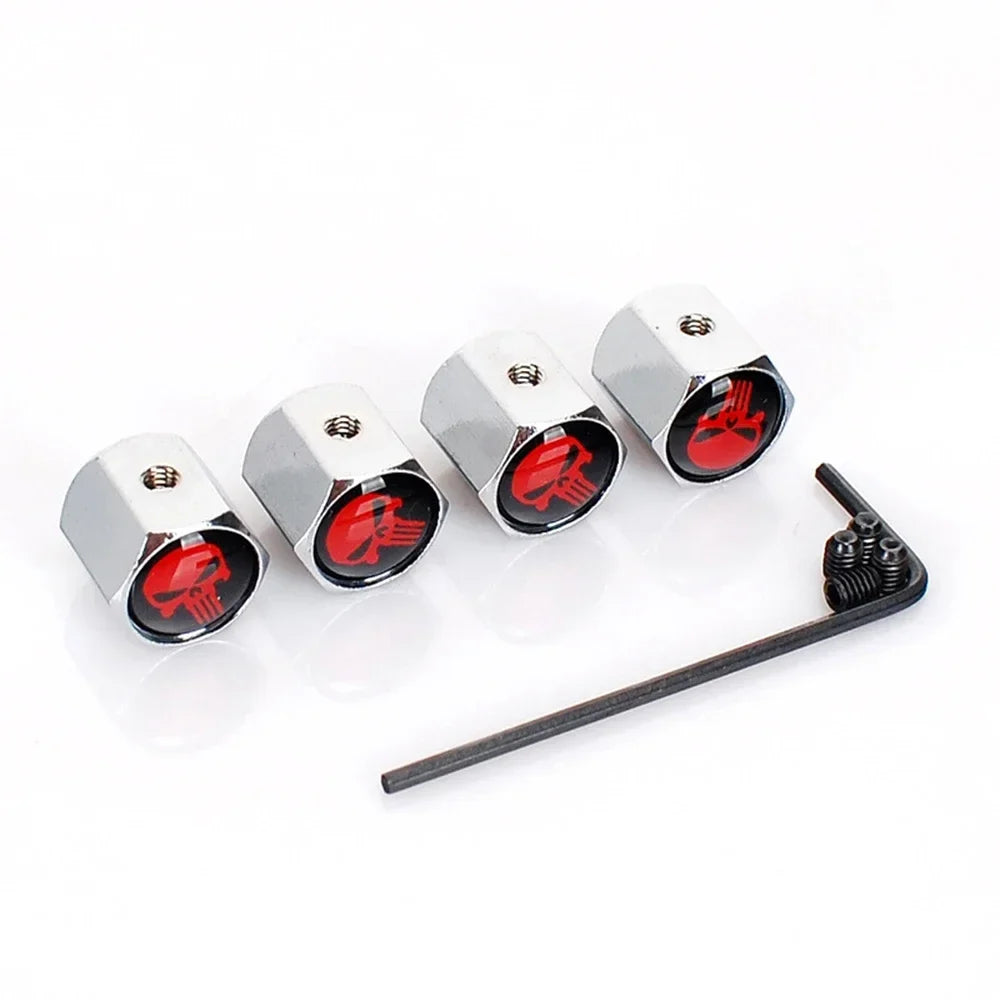 valvecaps BikerZoneZ chrome skull caps, 4pack with red skull emblem and included hex wrench on Tampa Home & Garden Store