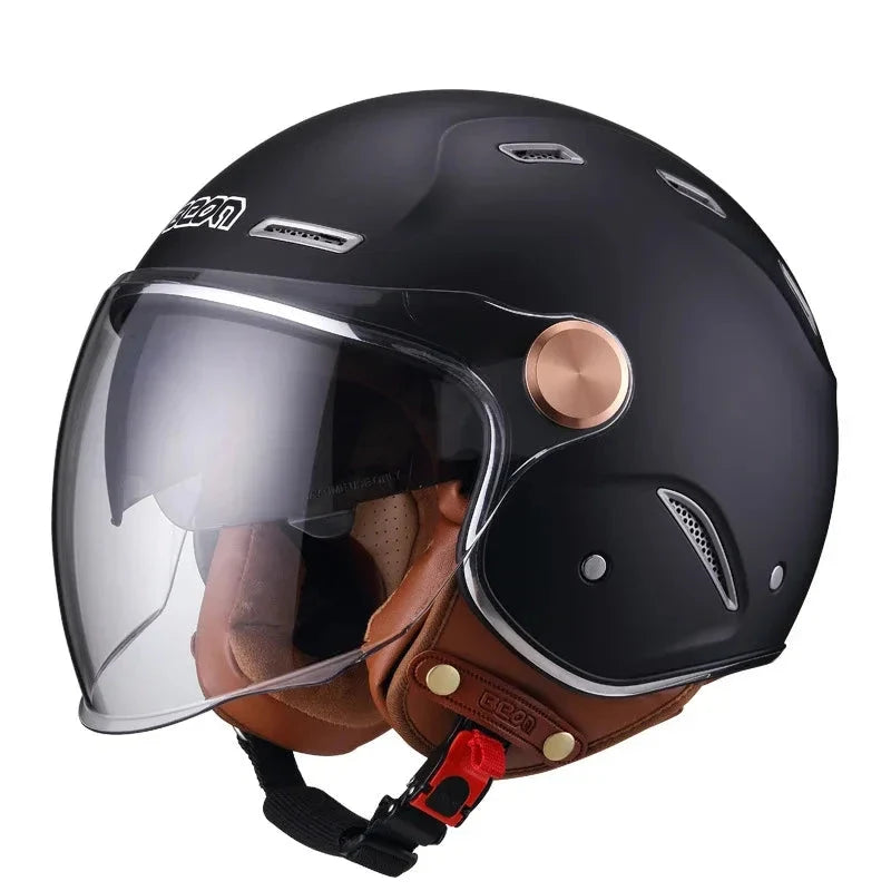 Retro open-face motorcycle helmet BikerZoneZ black matte with clear visor brown leather strap on Tampa Home & Garden Store