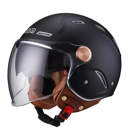 Retro open-face motorcycle helmet BikerZoneZ black matte with clear visor brown leather strap on Tampa Home & Garden Store