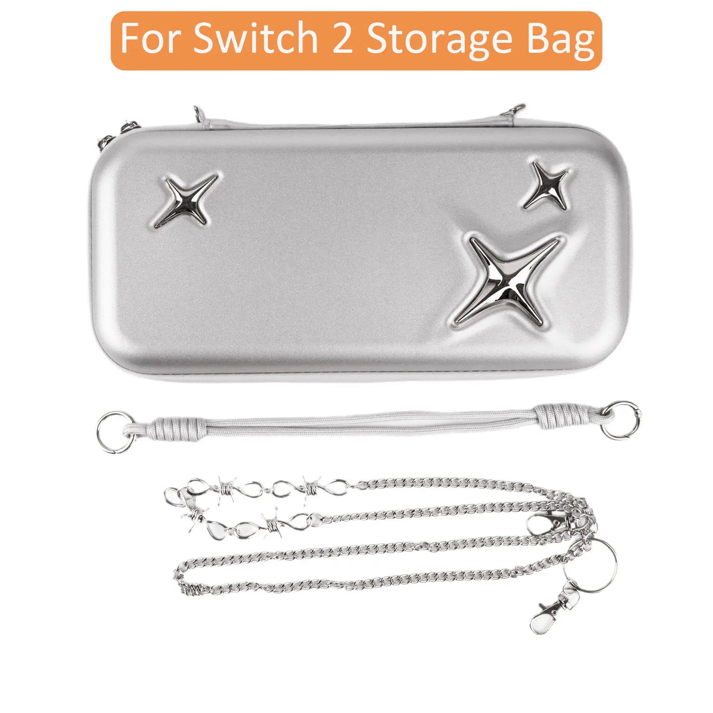Switch 2 portable case in retro silver EVA shell with star accents and metal chain straps on Tampa Home & Garden Store