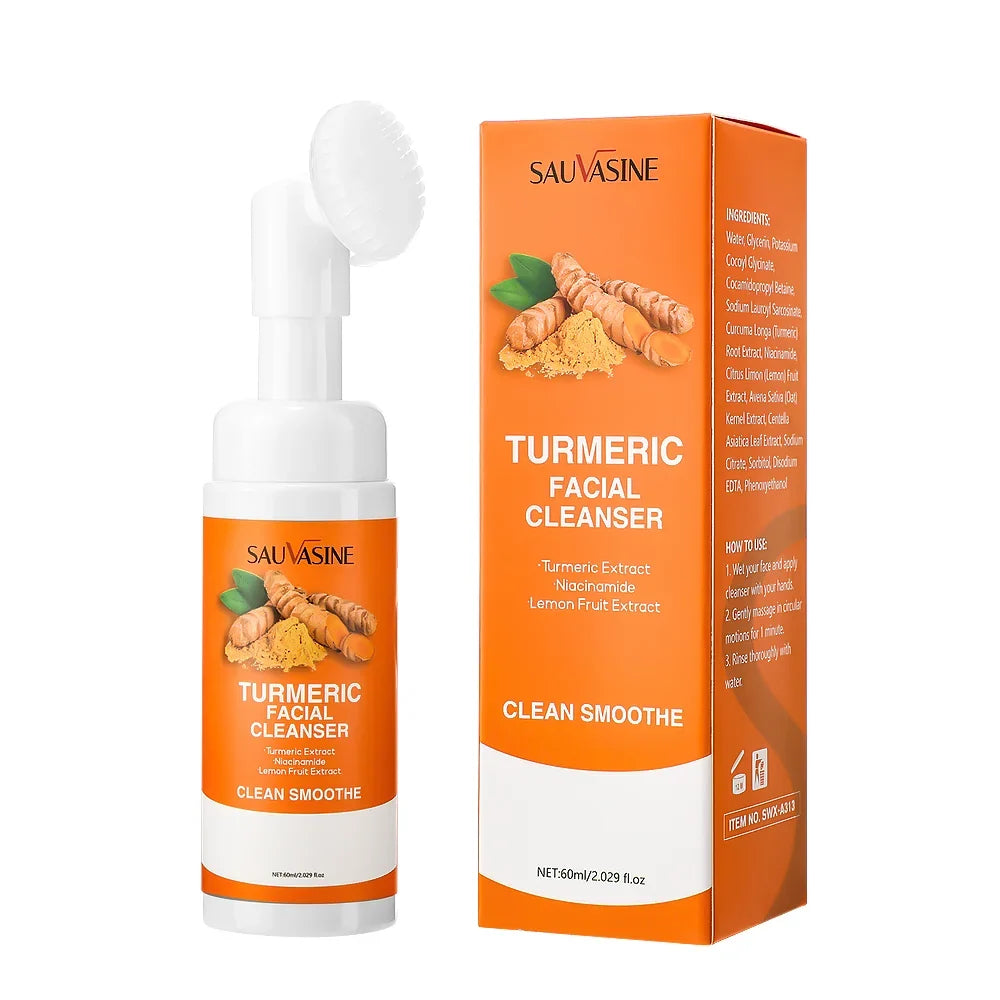 Turmeric facial cleanser bottle with built-in brush beside orange SAUVASINE box on Tampa Home & Garden Store