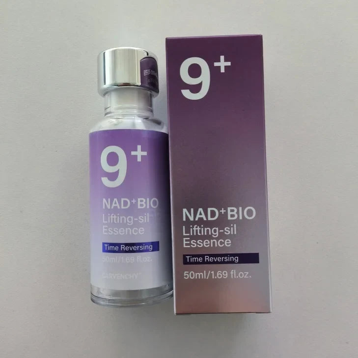 NAD+BIO Lifting-sil Essence bottle beside purple gradient box, 50ml by Silcy Skin on Tampa Home & Garden Store