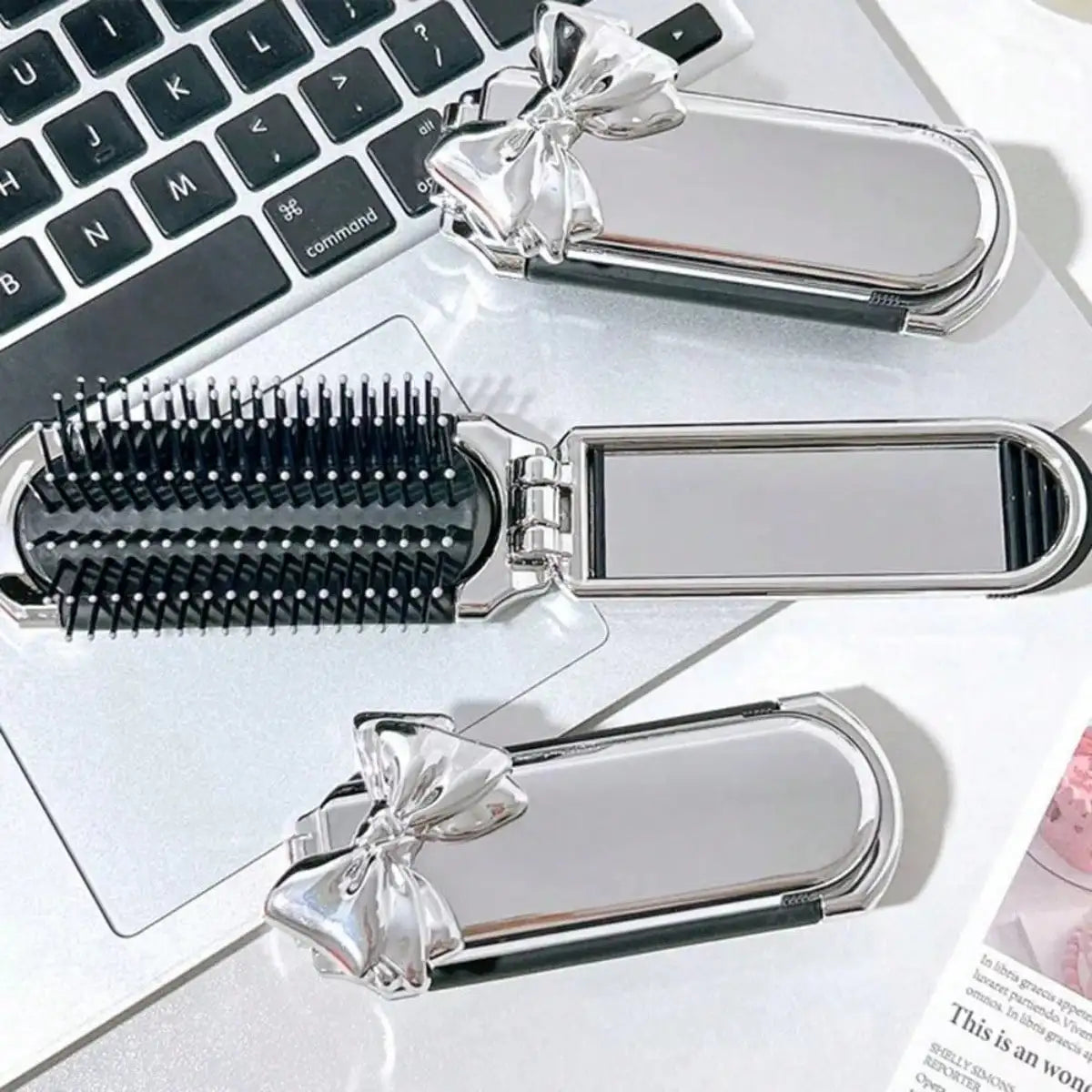 3pc Silcy Skin portable compact air cushion combs with built-in mirrors in silver bow accents on Tampa Home & Garden Store