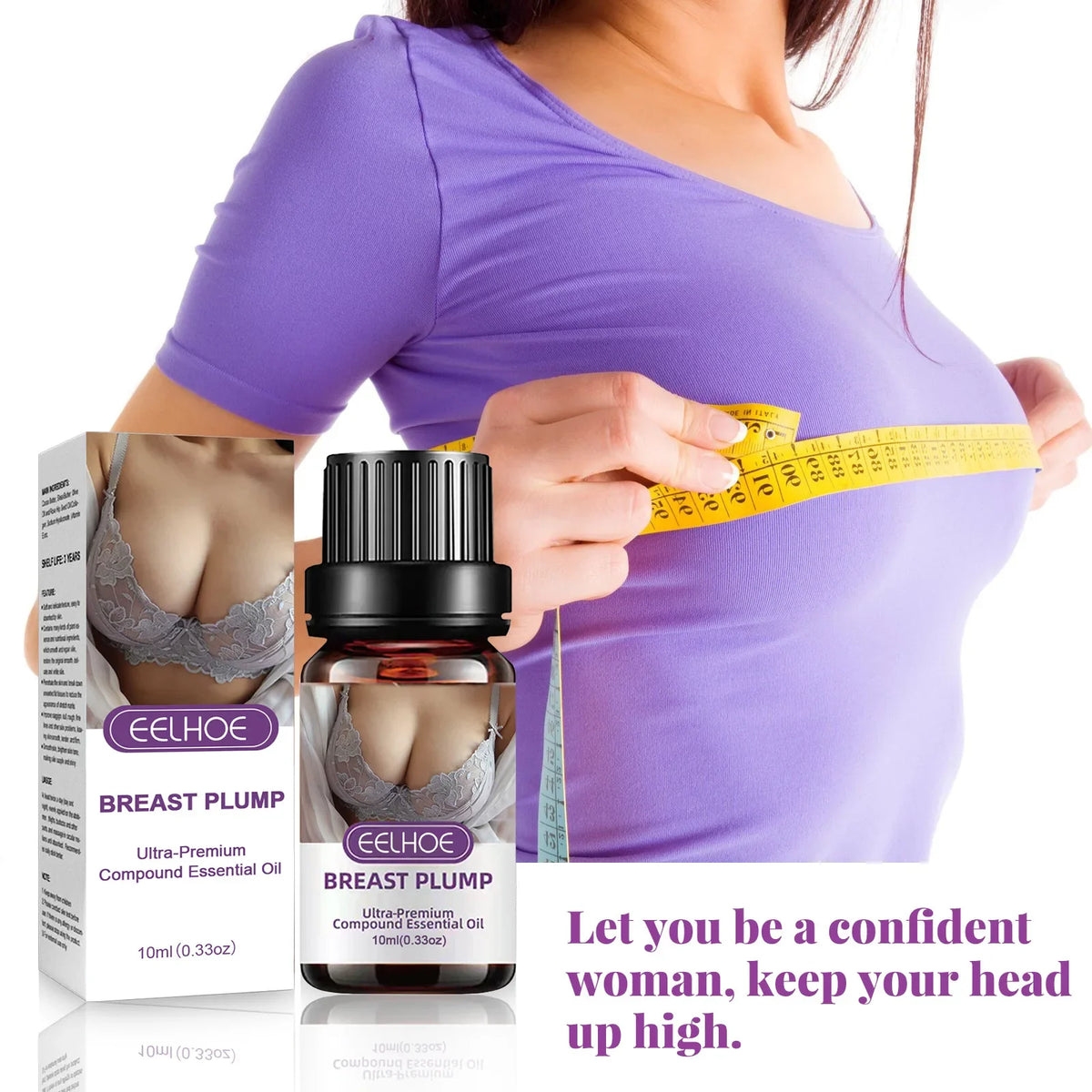 EELHOE Breast Plump essential oil kit with bottle and box, purple branding, measuring tape on Tampa Home & Garden Store