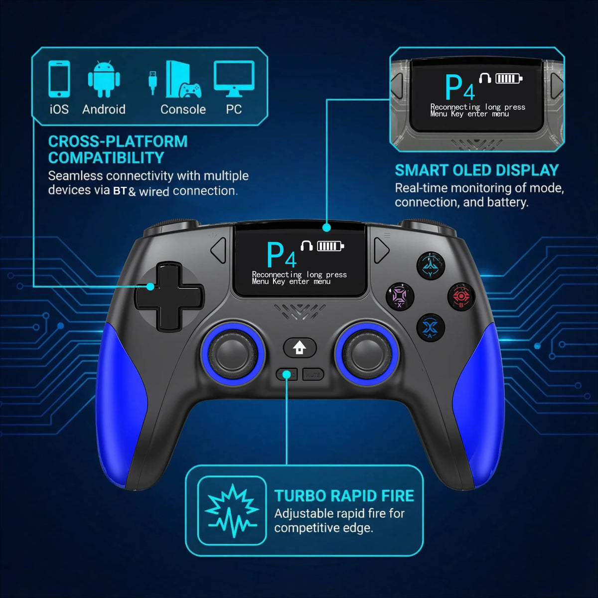 Smart Screen Wireless Game Controller FLIPSTYLEZLLC with display PS4 gamepad black/blue on Tampa Home & Garden Store