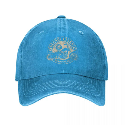 Vintage Motorcycle Cap blue washed denim baseball cap by BikerZoneZ with curved brim on Tampa Home & Garden Store