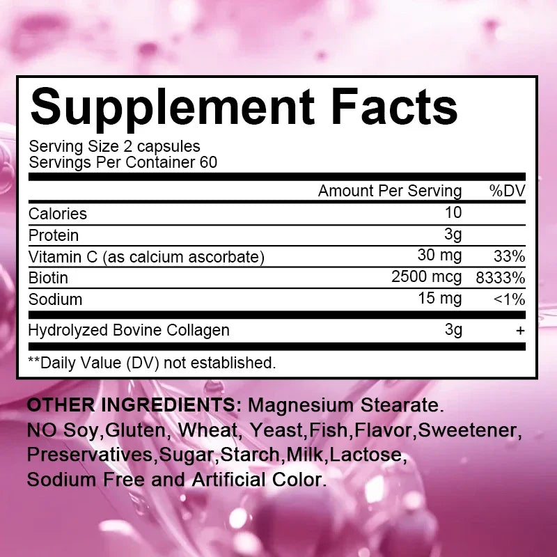 Kenofor 120 Hydrolyzed Collagen Capsules supplement facts panel on pink background hydrolyzed bovine collagen 3g on Tampa Home & Garden Store