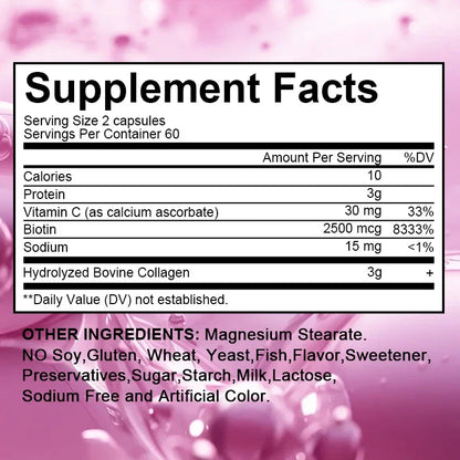 Kenofor 120 Hydrolyzed Collagen Capsules supplement facts panel on pink background hydrolyzed bovine collagen 3g on Tampa Home & Garden Store