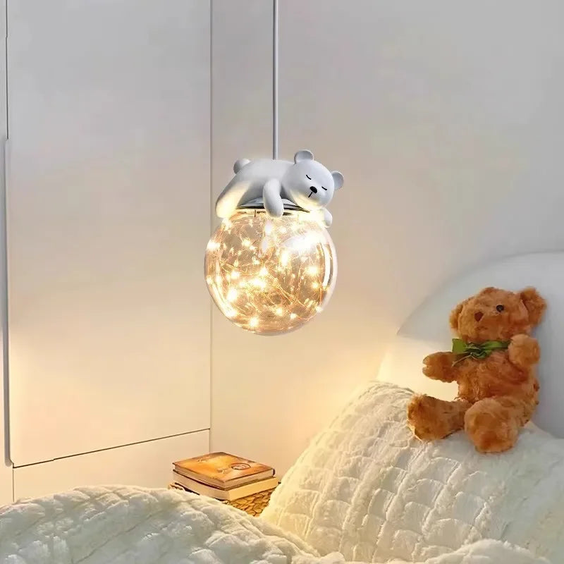 DecorBites White Bear Bunny LED Pendant Light with glass jar and warm fairy lights on Tampa Home & Garden Store