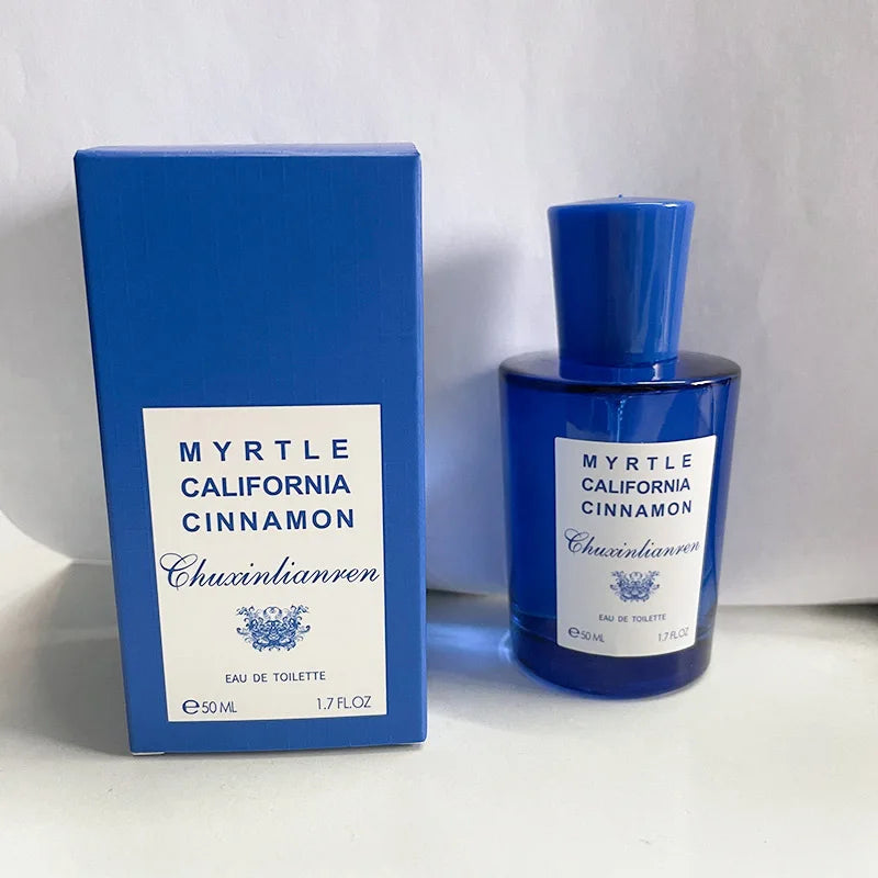 Blue glass perfume bottle and box labeled Myrtle California Cinnamon by Chuxinlianren, 50 ML on Tampa Home & Garden Store