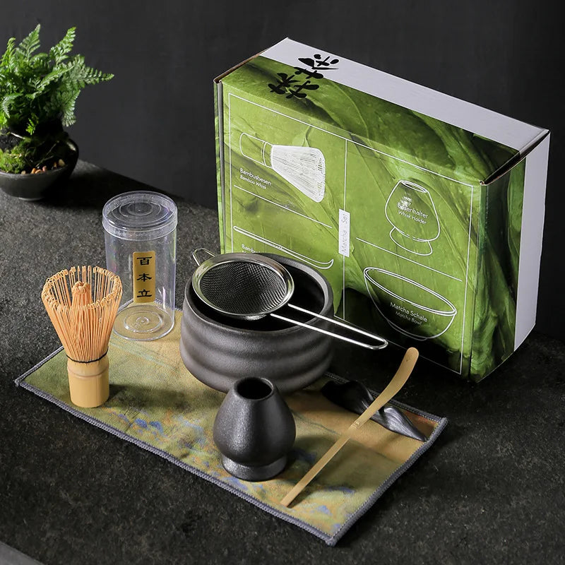Perfecsy 4pcs Japanese matcha set: bamboo chasen whisk, chashaku scoop, dark ceramic bowl brush on Tampa Home & Garden Store