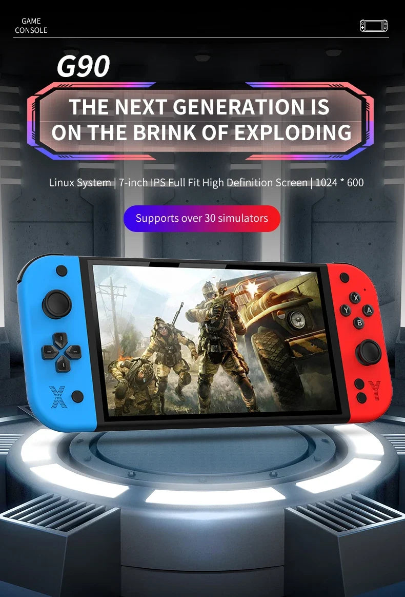 G90 handheld game console with blue left & red right controllers, 7-inch 64GB retro arcade on Tampa Home & Garden Store