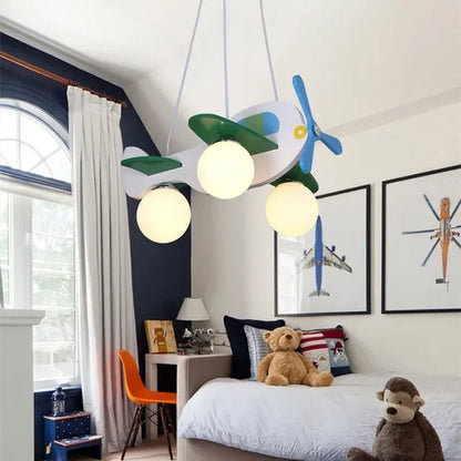 DecorBites Kids Wood Airplane Chandelier LED Lights, white plane with blue-green wings and 3 orbs on Tampa Home & Garden Store