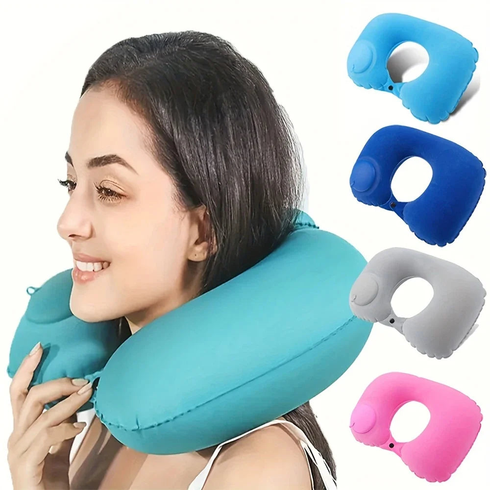 Inflatable flocking neck pillow teal worn by smiling woman; blue gray pink options on Tampa Home & Garden Store