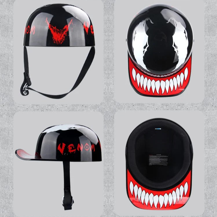 Vintage Half Motorcycle Helmet black gloss with red venom teeth design by BikerZoneZ on Tampa Home & Garden Store