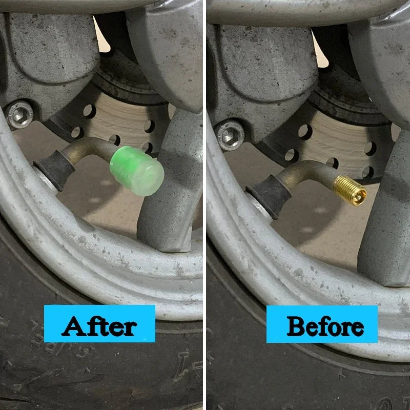 Luminous valve stem caps by BikerZoneZ; green glow cap on tire valve after brass stem before on Tampa Home & Garden Store