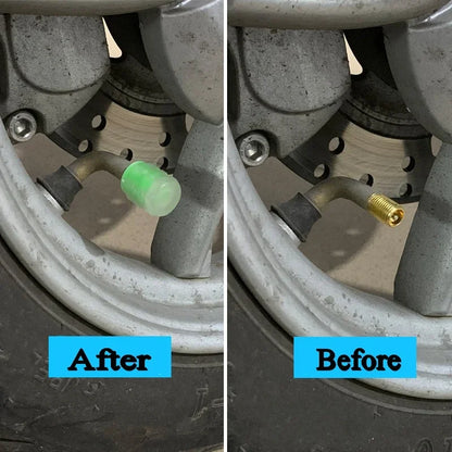 Luminous valve stem caps by BikerZoneZ; green glow cap on tire valve after brass stem before on Tampa Home & Garden Store