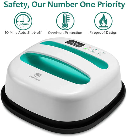 HP2 heat press for T-shirts, 9x9 portable white unit with teal accents and digital display on Tampa Home & Garden Store