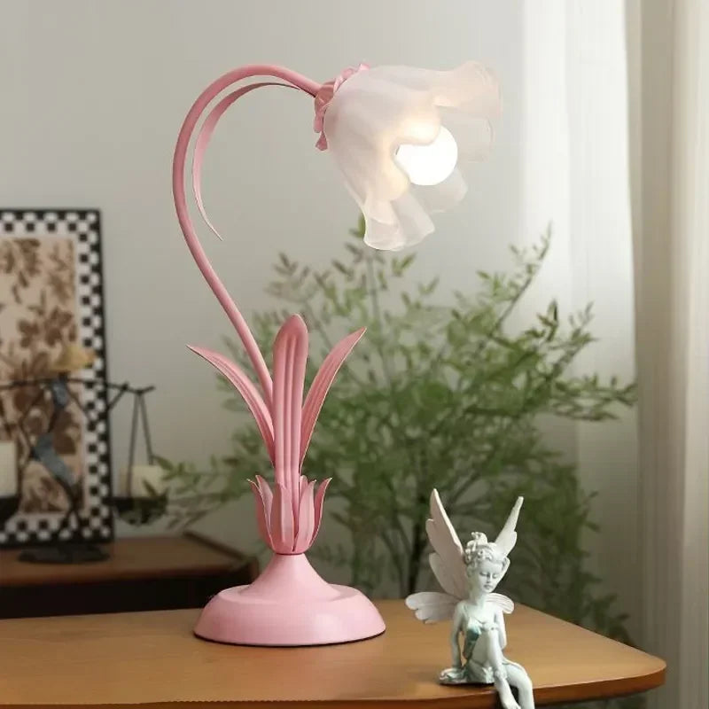 Perfecsy pink flower desk lamp with curved stem and cream sheer fabric shade for bedside on Tampa Home & Garden Store