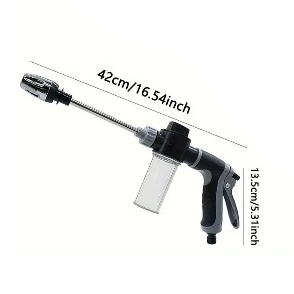 High-pressure water gun with foam bottle, black/gray handle and clear reservoir, 42cm wand on Tampa Home & Garden Store