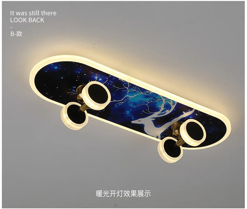 DecorBites Kids Skateboard LED Ceiling Light with night-sky deck and circular halo glow on Tampa Home & Garden Store