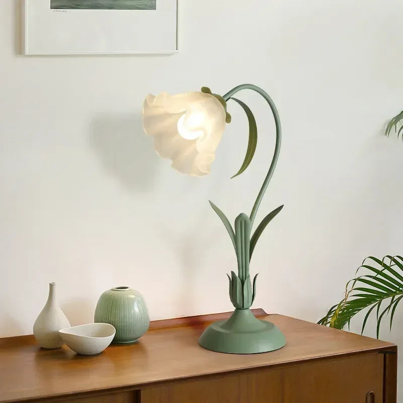Perfecsy French Romantic Flower Desk Lamp with cream flower shade and green metal stem on Tampa Home & Garden Store
