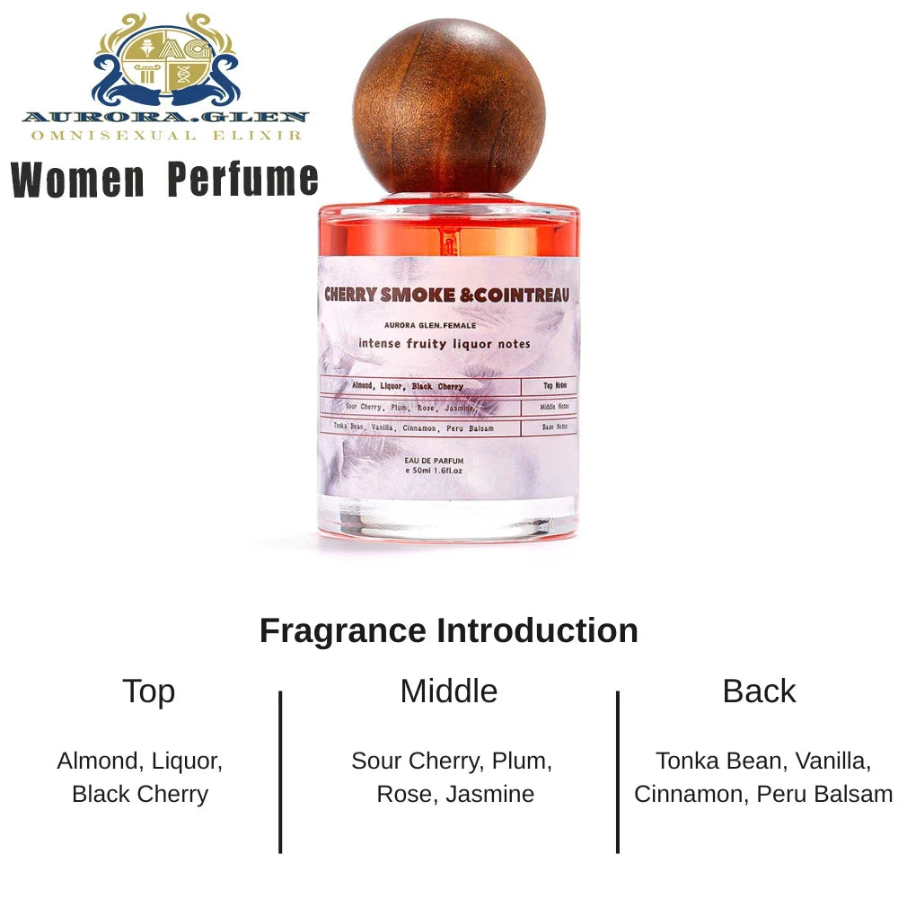 Cherry Smoke & Cointreau perfume bottle with pink liquid and wooden cap, Aurora Glen branding on Tampa Home & Garden Store