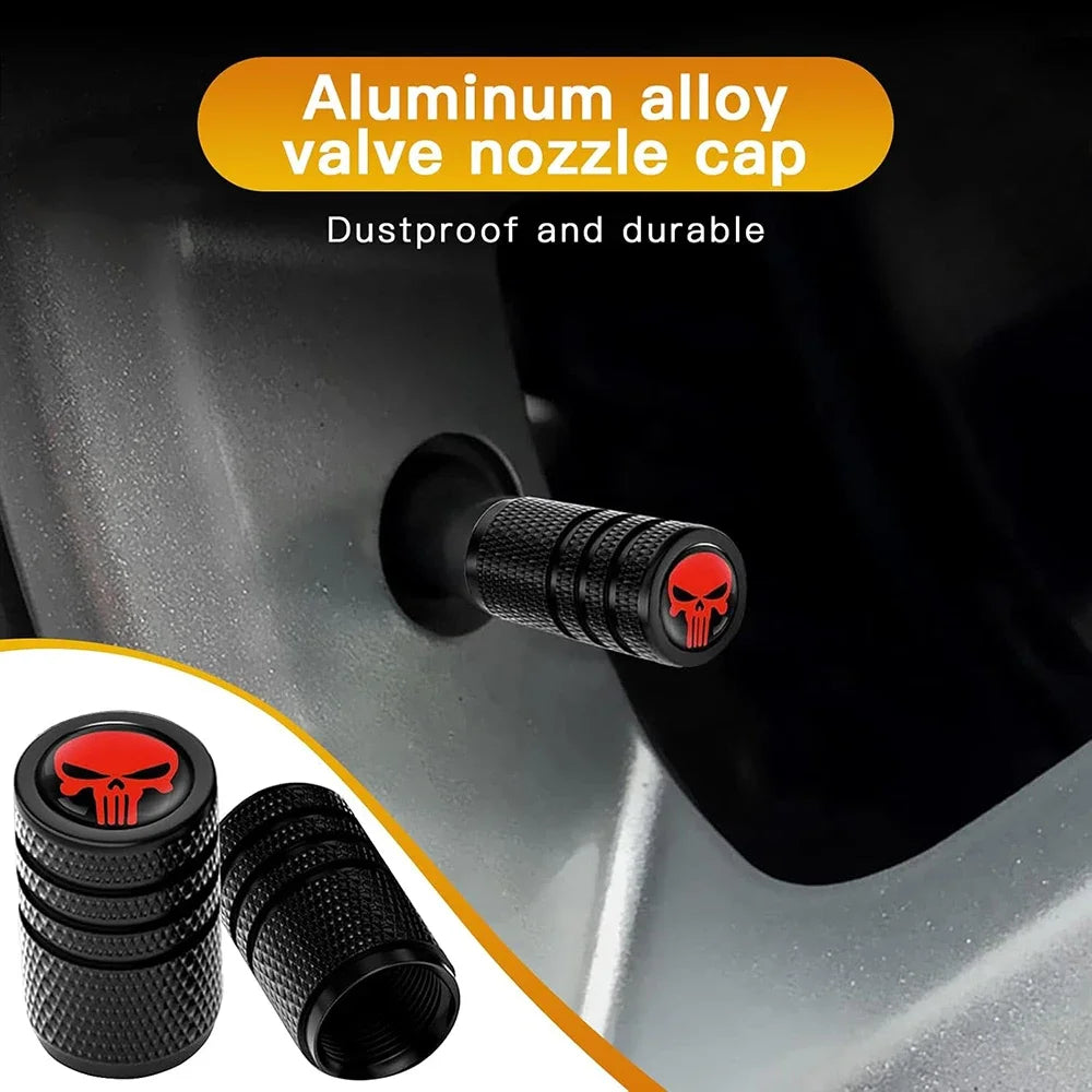 Skull valve caps 4pcs set, aluminum alloy, black knurled with red skull logo, BikerZoneZ on Tampa Home & Garden Store
