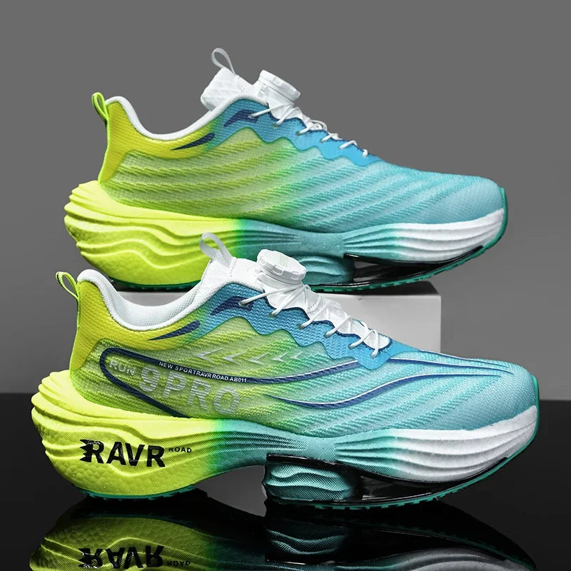 Running Shoes EstaliosFit gradient blue-green to neon lime, carbon plate cushioning pair on Tampa Home & Garden Store