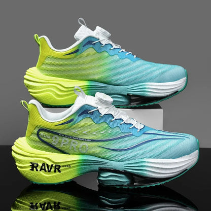 Running Shoes EstaliosFit gradient blue-green to neon lime, carbon plate cushioning pair on Tampa Home & Garden Store