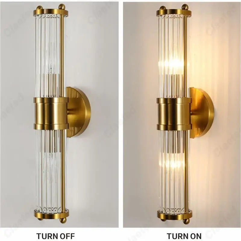 Perfecsy LED crystal wall lamp with gold finish and clear glass rods, wall mounted on Tampa Home & Garden Store