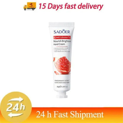 SADOER white hand cream tube with red pomegranate graphic for nourish brighten hand care on Tampa Home & Garden Store