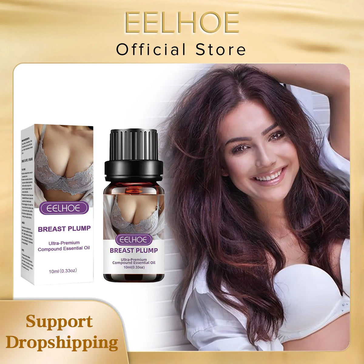 EELHOE Breast Plump oil bottle and boxed kit by Silcy Skin model portrait on Tampa Home & Garden Store