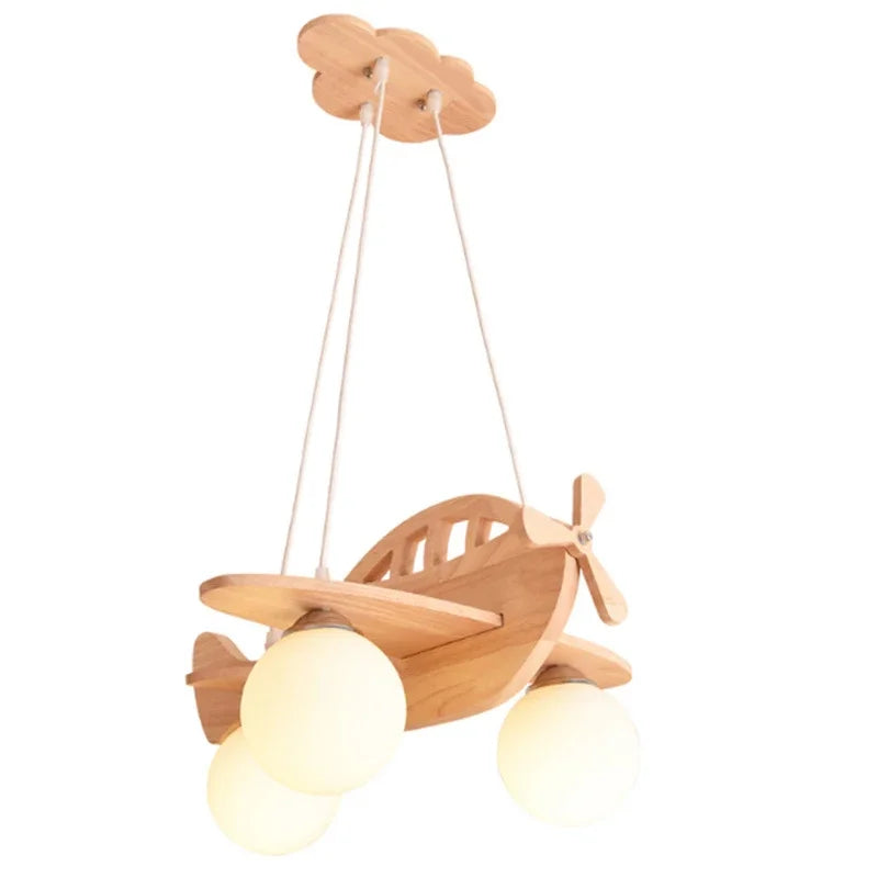 DecorBites Kids Wood Airplane Chandelier with three globe LED bulbs in natural wood on Tampa Home & Garden Store