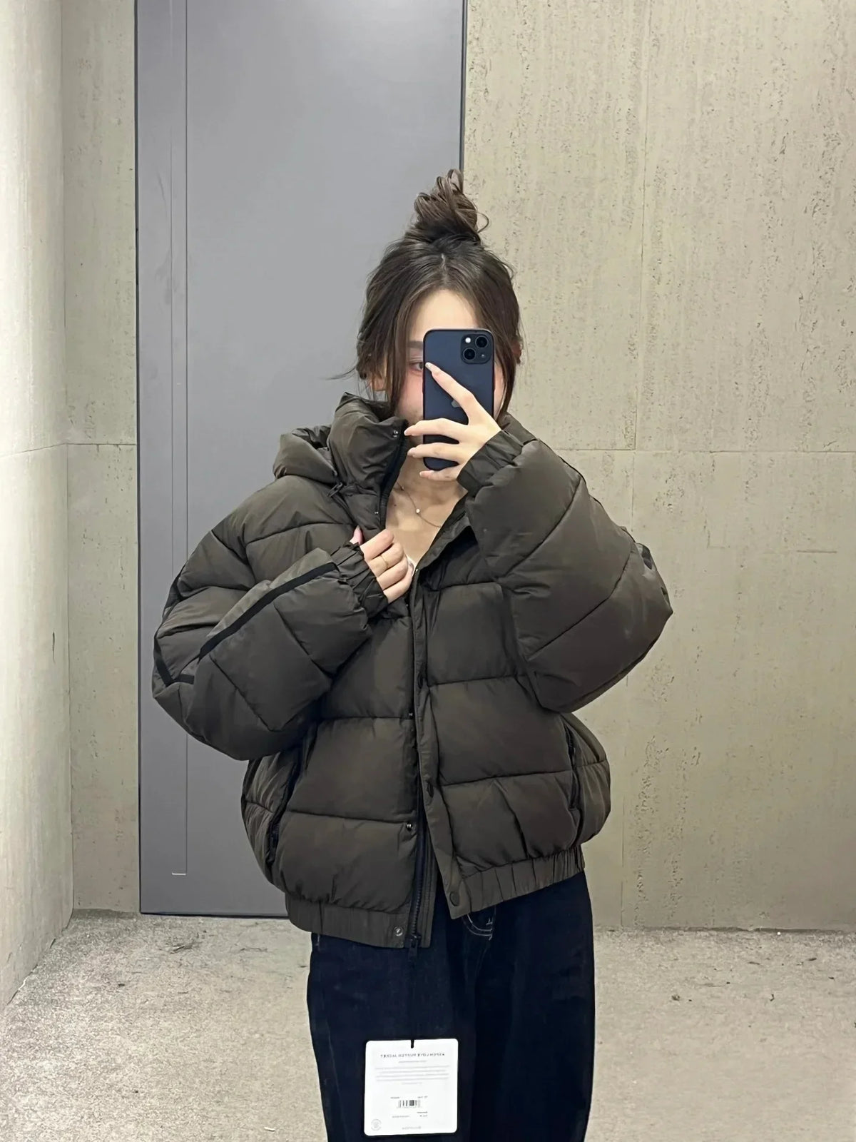 Women's dark olive padded puffer jacket with hood, oversized quilted winter coat on Tampa Home & Garden Store