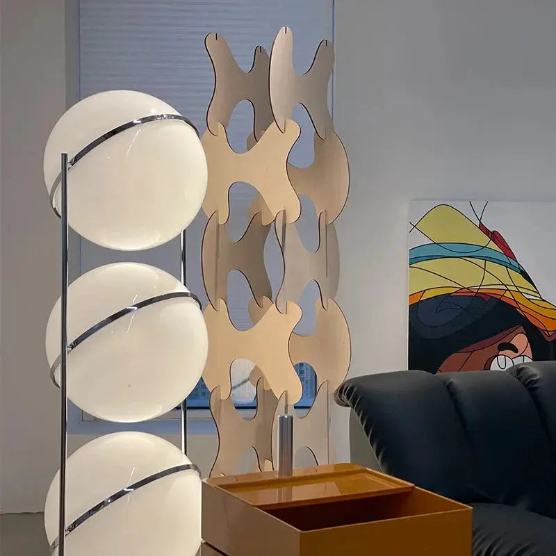 DecorBites LED Floor Lamp chrome metal with three white acrylic globe balls on Tampa Home & Garden Store