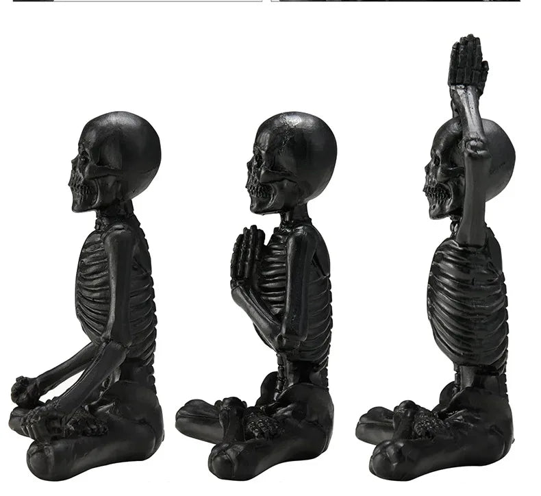 Skeleton statue mini set by Perfecsy: gothic poses meditation, prayer, yoga in black resin on Tampa Home & Garden Store