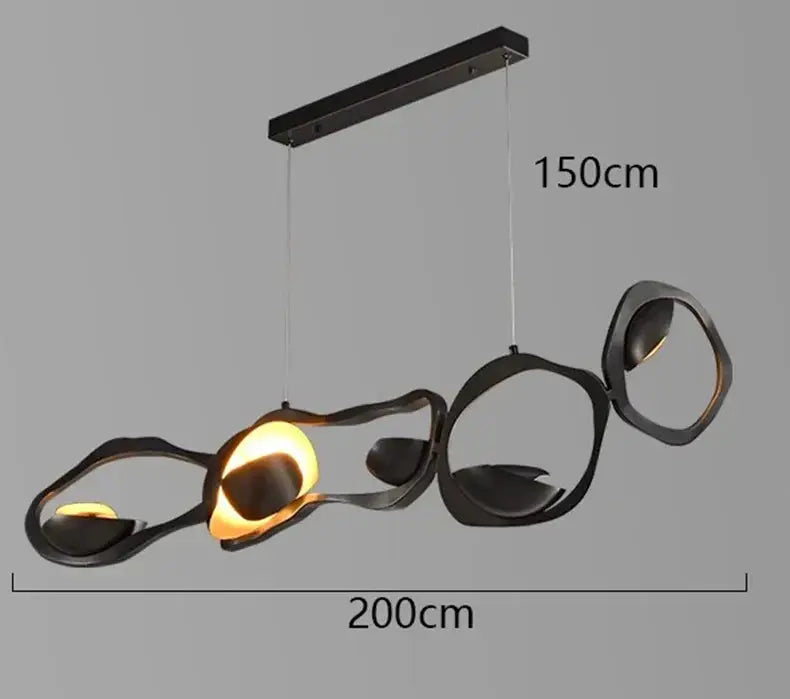 DecorBites LED pendant chandelier with sculptural black metal rings, warm glow, 200cm span on Tampa Home & Garden Store