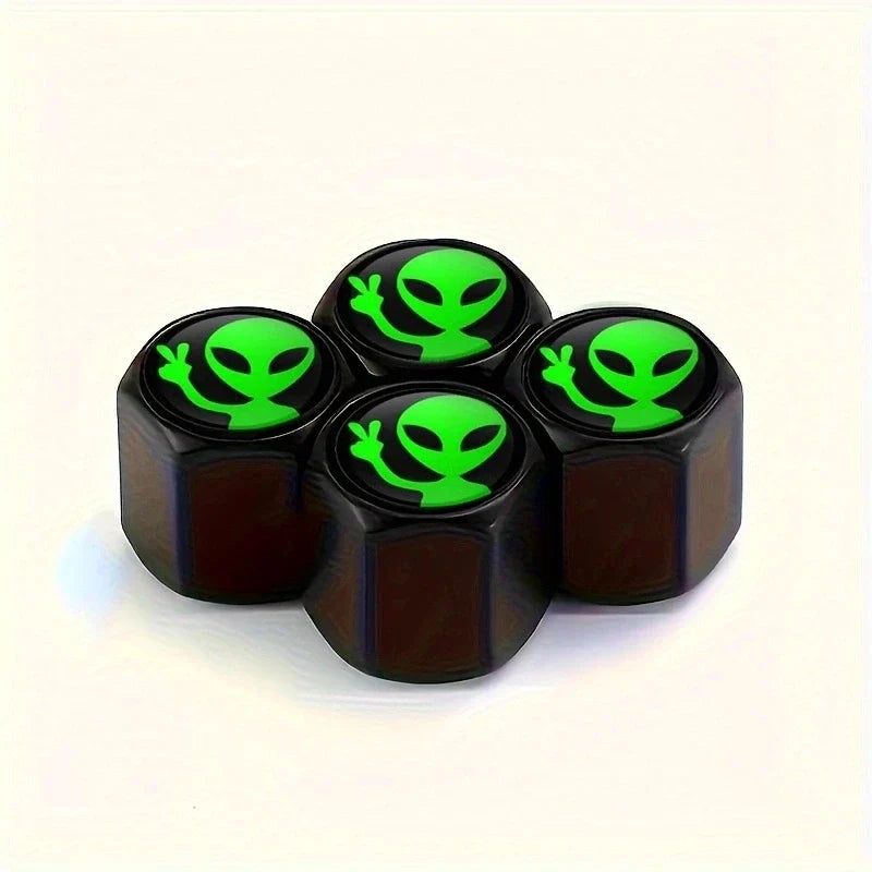 4pcs aluminium valve stem caps with black bodies and neon green alien logo tops by BikerZoneZ on Tampa Home & Garden Store