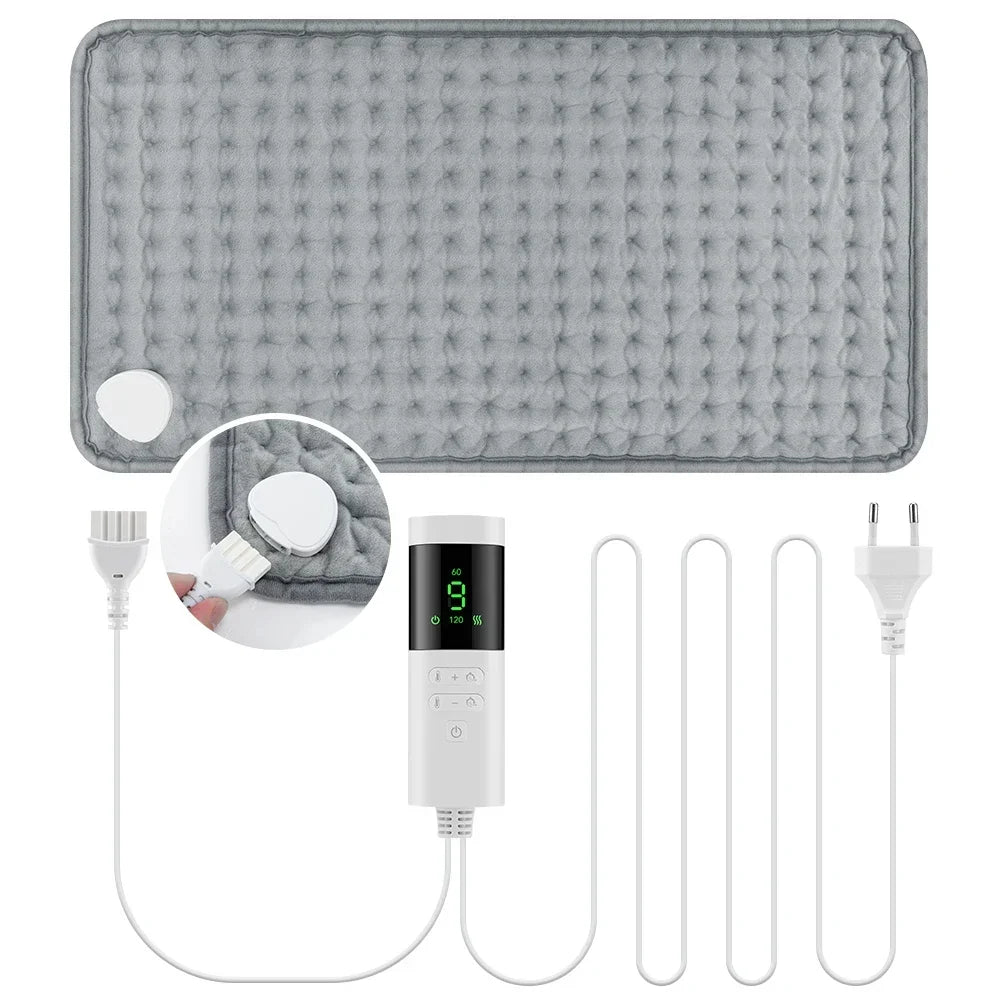 Electric heating pad 30x60cm gray quilted surface with white digital-control unit and plug on Tampa Home & Garden Store