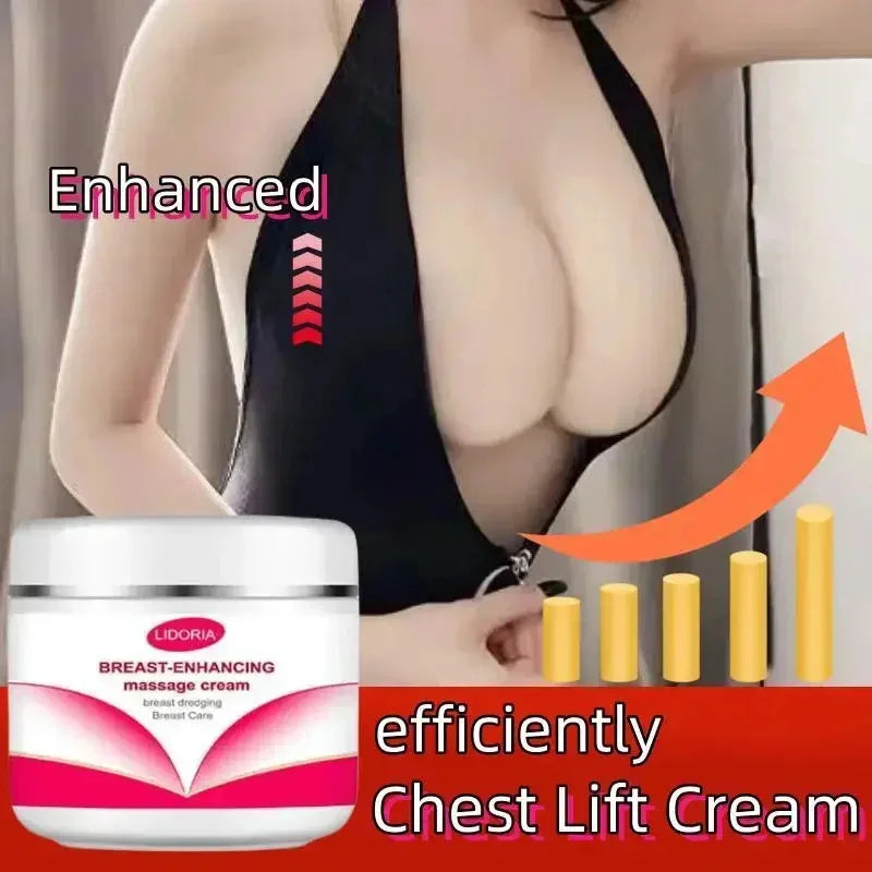 Breast-enhancing cream jar by LIDORIA; bust-boost image with low-cut top and rising bars on Tampa Home & Garden Store