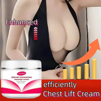 Breast-enhancing cream jar by LIDORIA; bust-boost image with low-cut top and rising bars on Tampa Home & Garden Store
