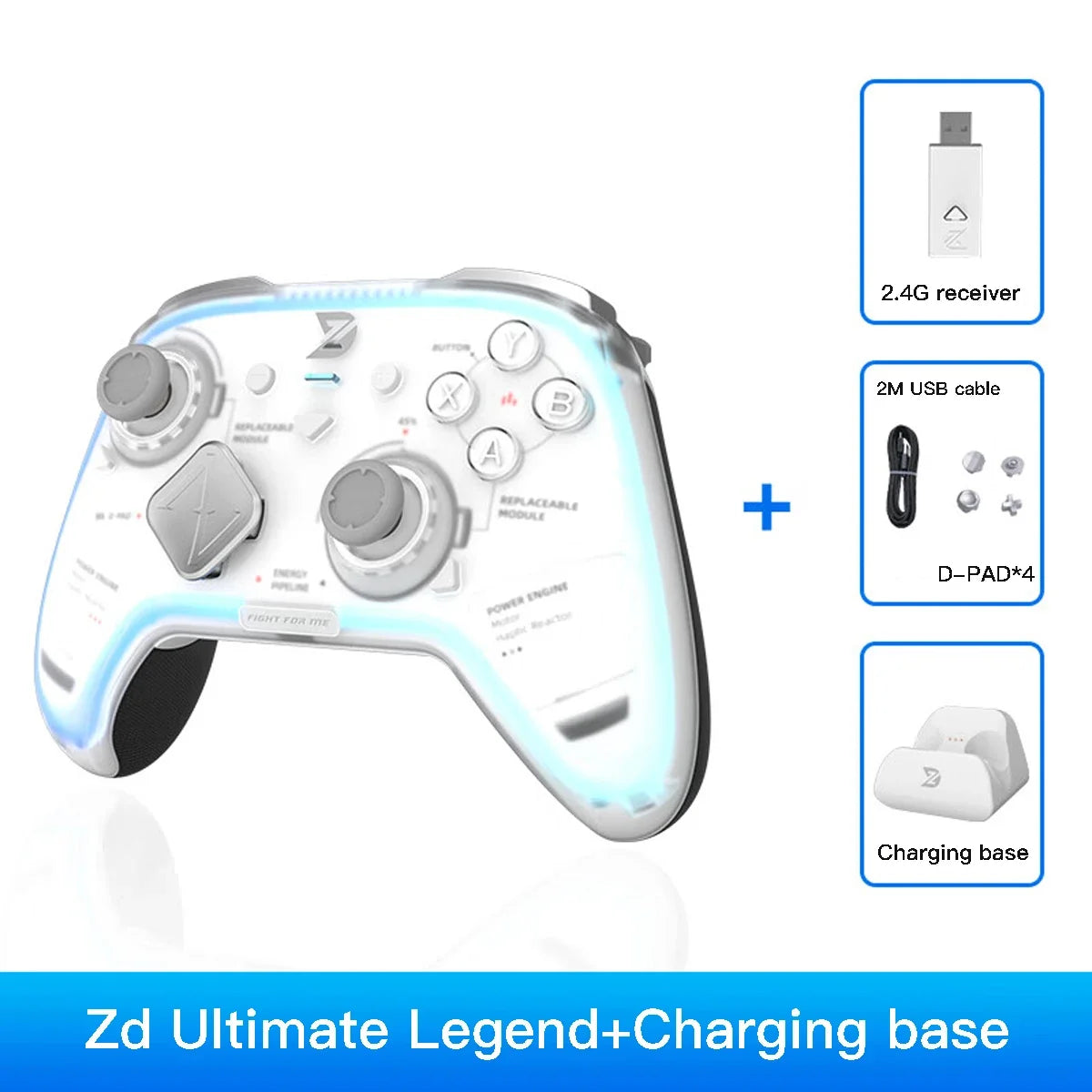 ZD Ultimate Legend controller with cyan LED, 2.4G receiver, USB cable, 4 D-pad modules on Tampa Home & Garden Store